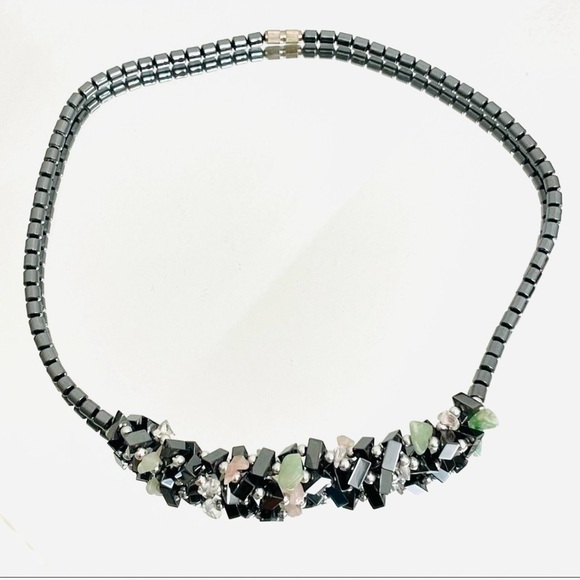 Hematite & Gemstone Chip Accented Small Collar Length Necklace - Picture 3 of 4